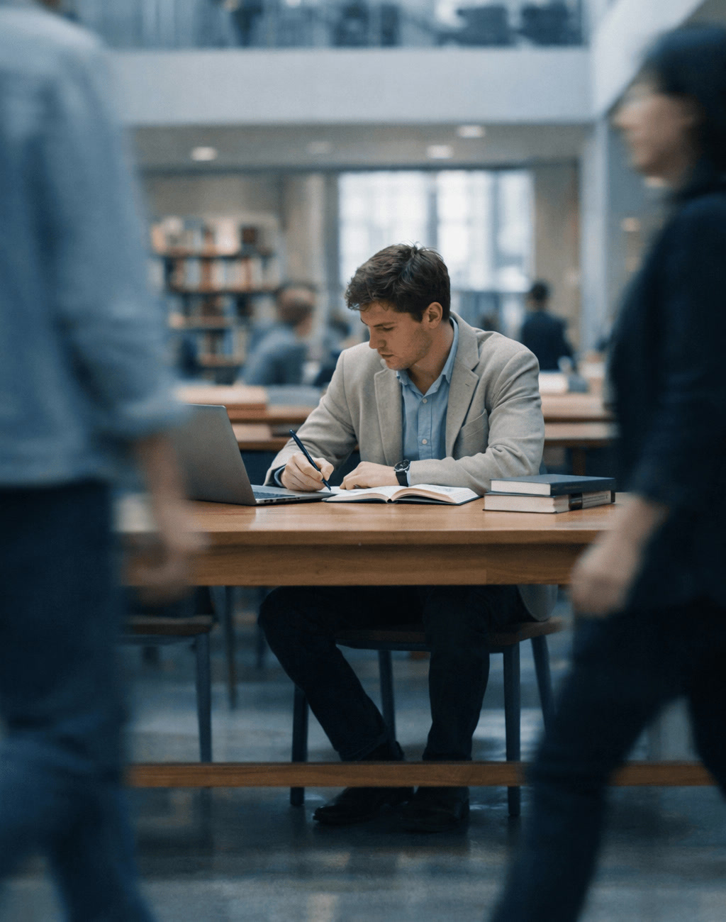 Woman Focused Studying in Busy Library Atrium