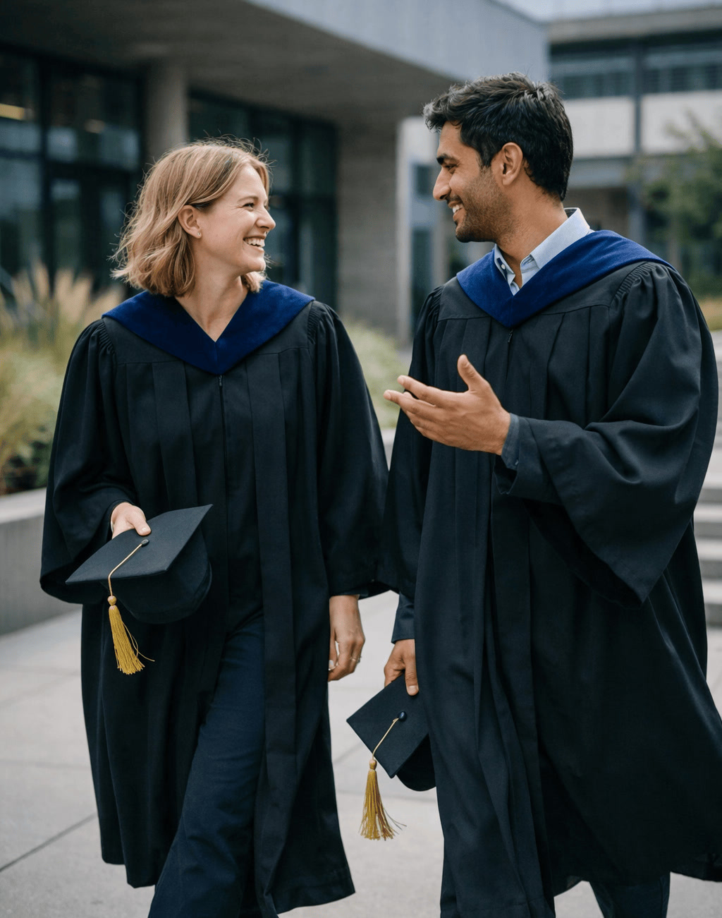 Two Graduates Walking and Laughing After Ceremony