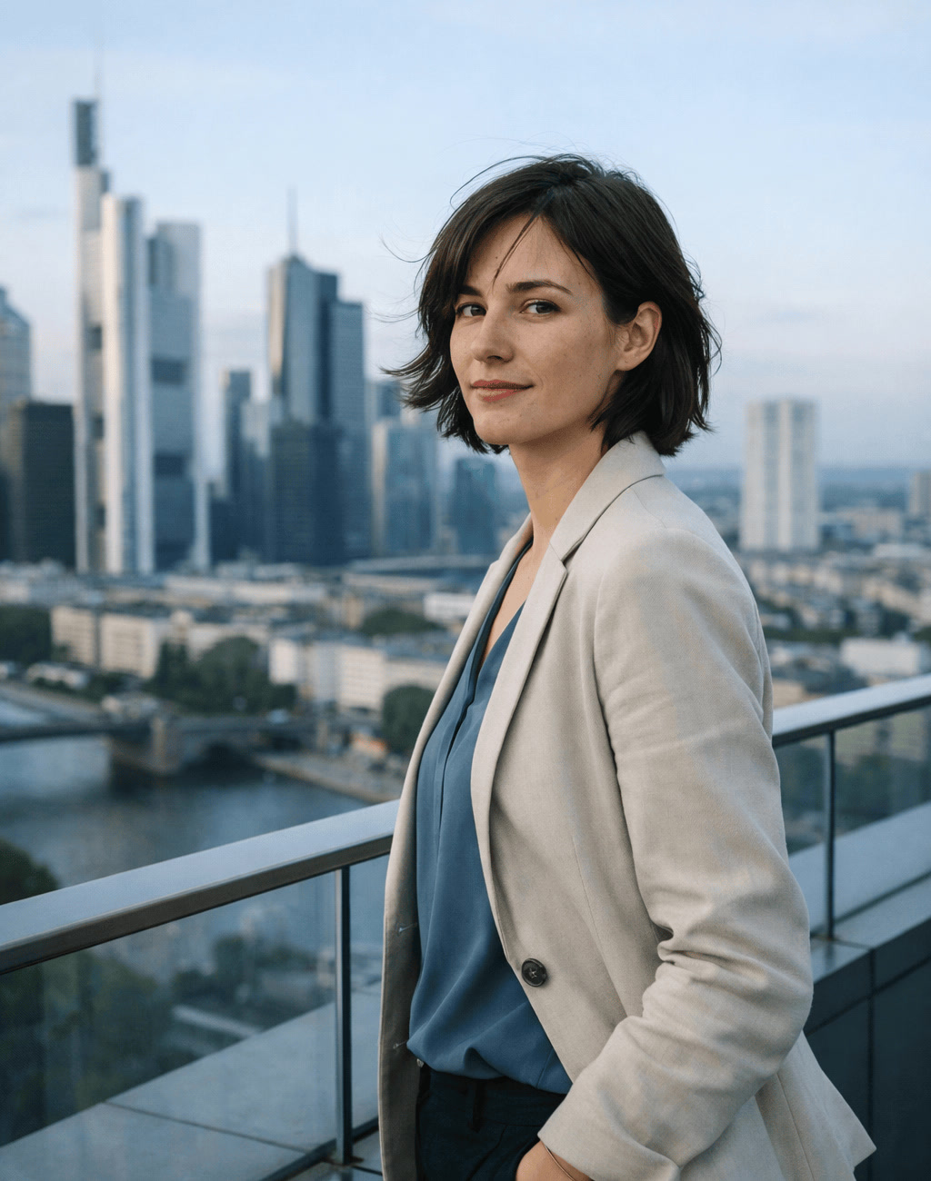 Young Professional Looking Confidently Into Camera With City Skyline