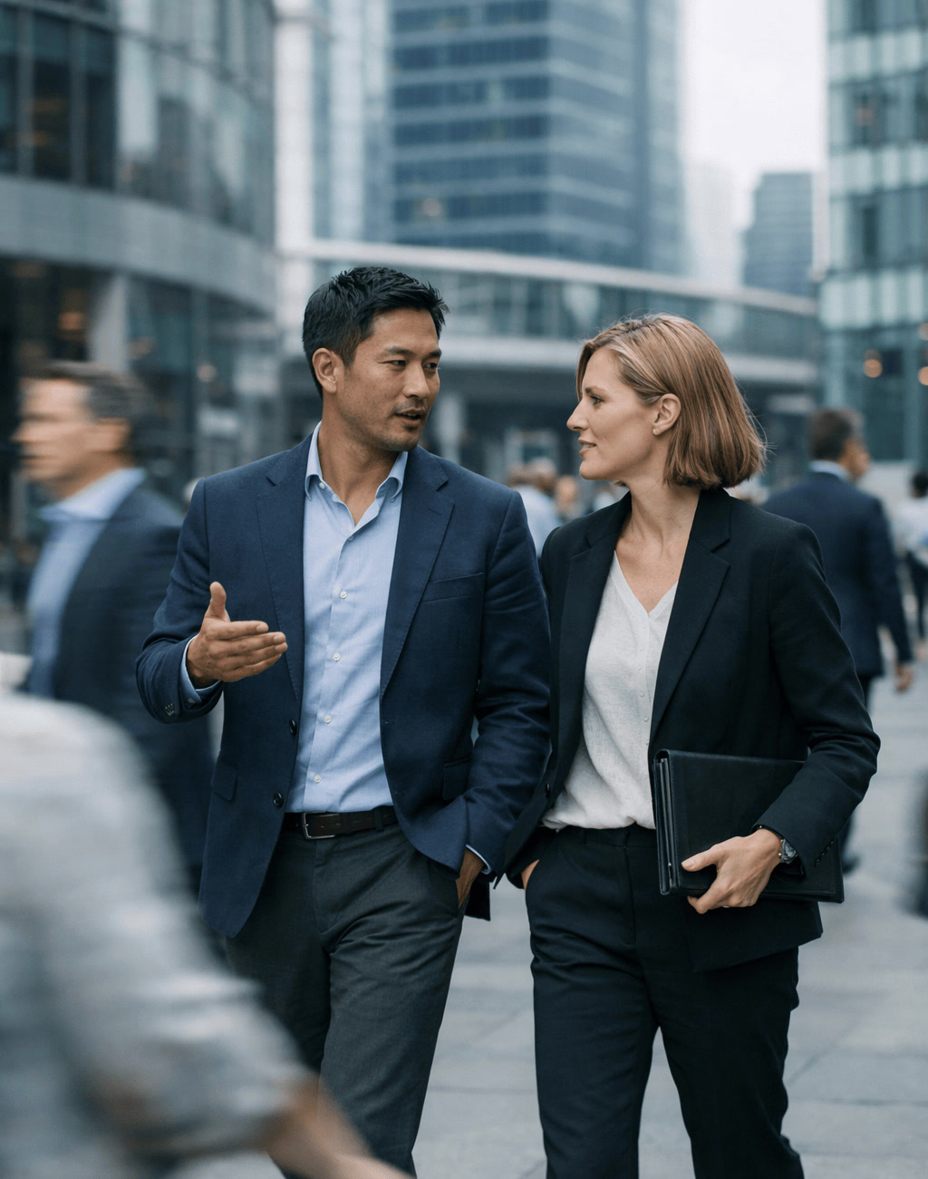 Finance Professionals Walking Through Modern Financial District