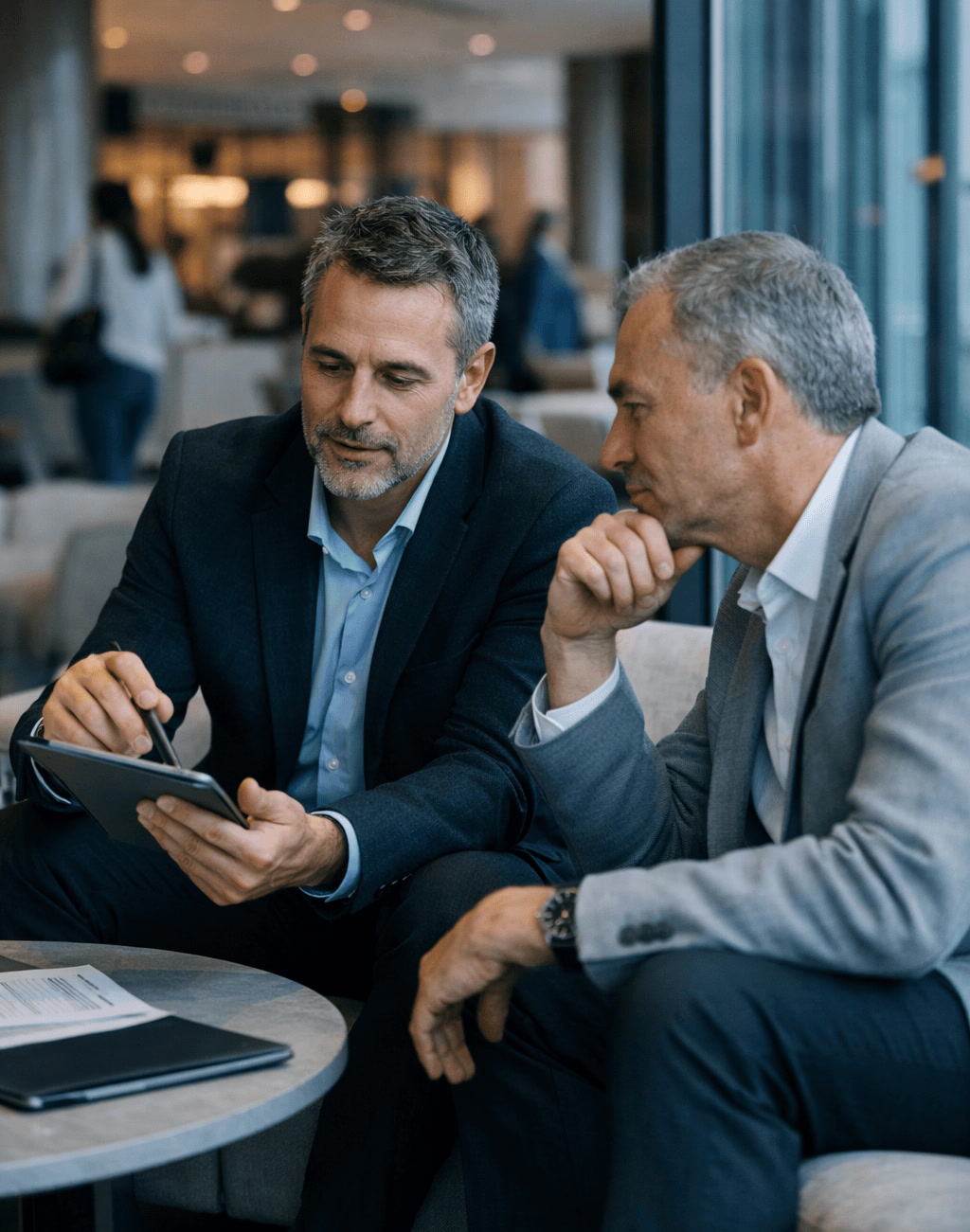Hospitality Executives Discussing Hotel Strategy in Modern Lobby