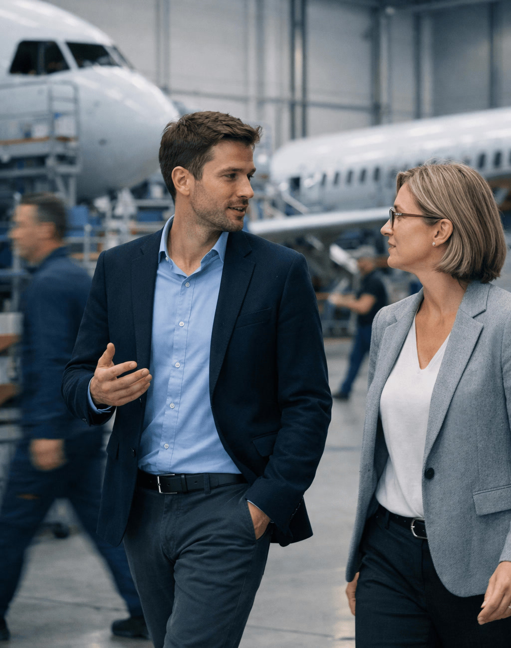 Aerospace Manufacturing Leaders Walking Through Production Hangar