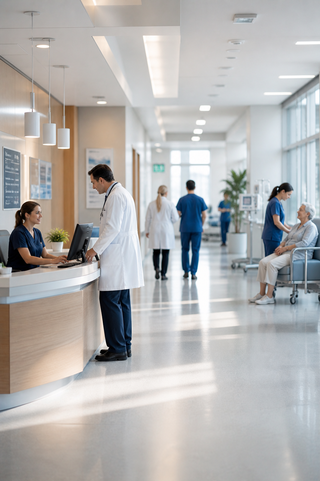 Diverse Healthcare Management Professionals Walking Through Hospital Atrium From Above