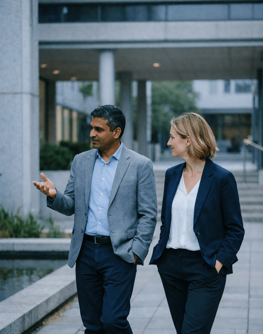 Doctoral Researchers Discussing Ideas in Modern Courtyard