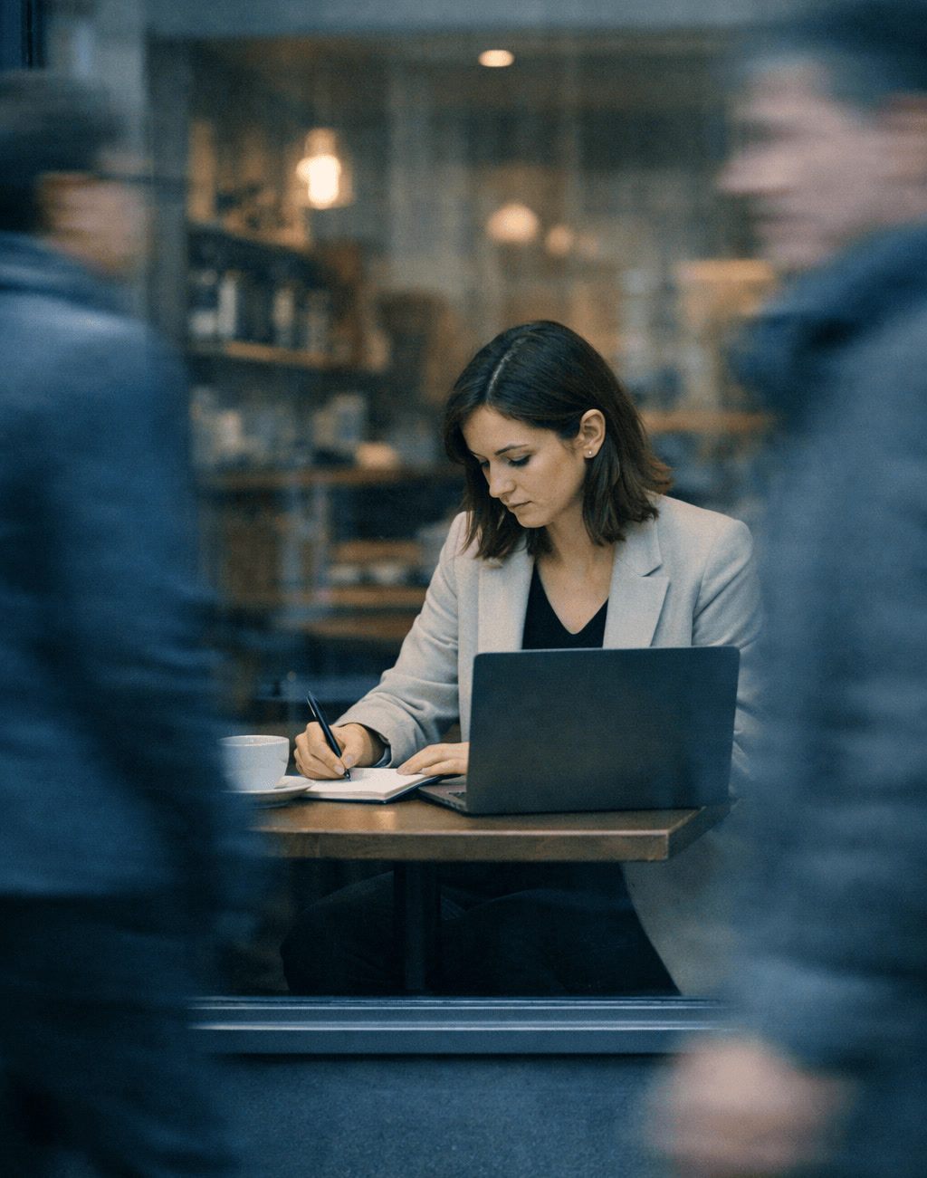 Woman Studying Through Cafe Window Motion Blur