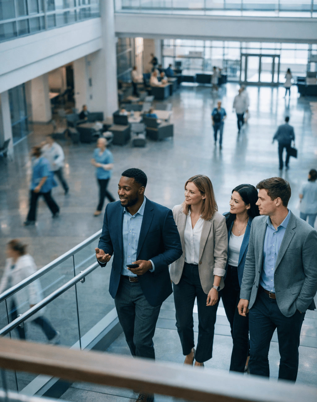 Diverse Healthcare Management Professionals Walking Through Hospital Atrium
