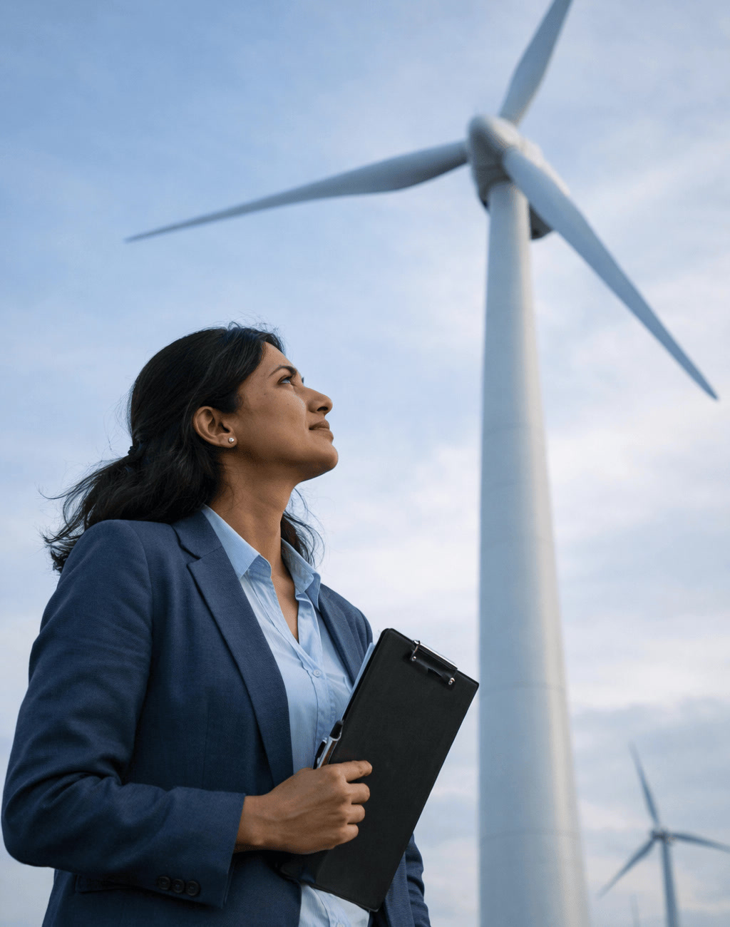 Indian Female Renewable Energy Manager Looking up at Wind Turbine From Low Angle.png
