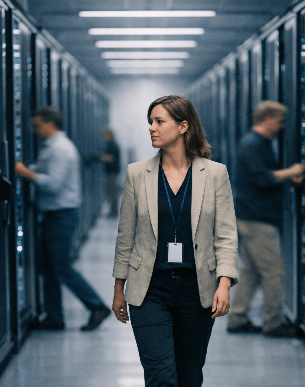 Telecom Professional Walking Through Data Center Corridor