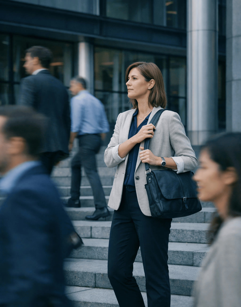 Professional on Steps Looking Confidently Into Future With Motion Blur Colleagues