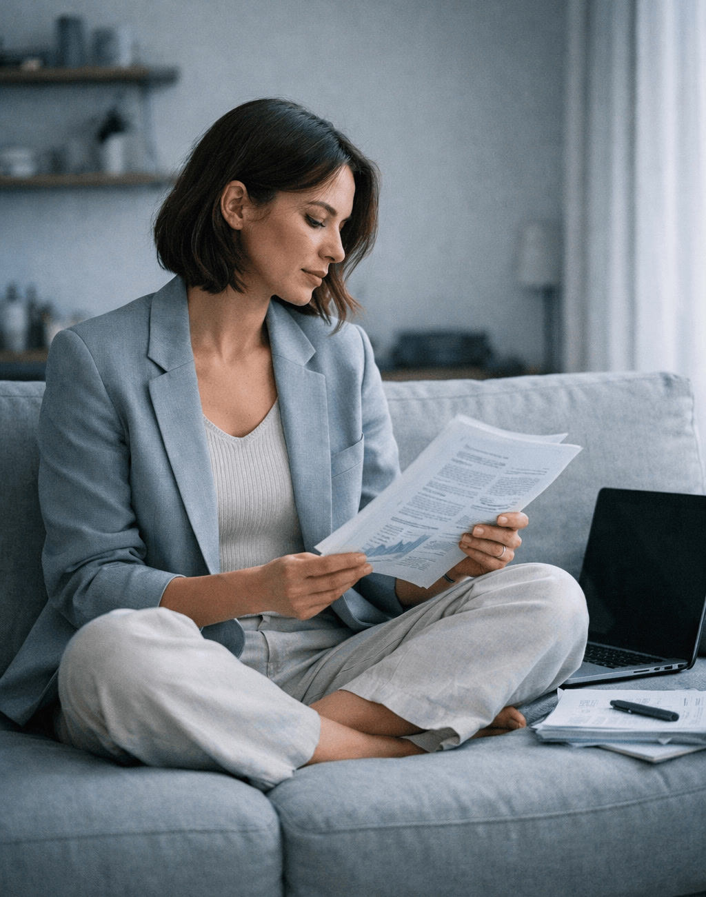 Woman Studying on Sofa With Notes Modern Home