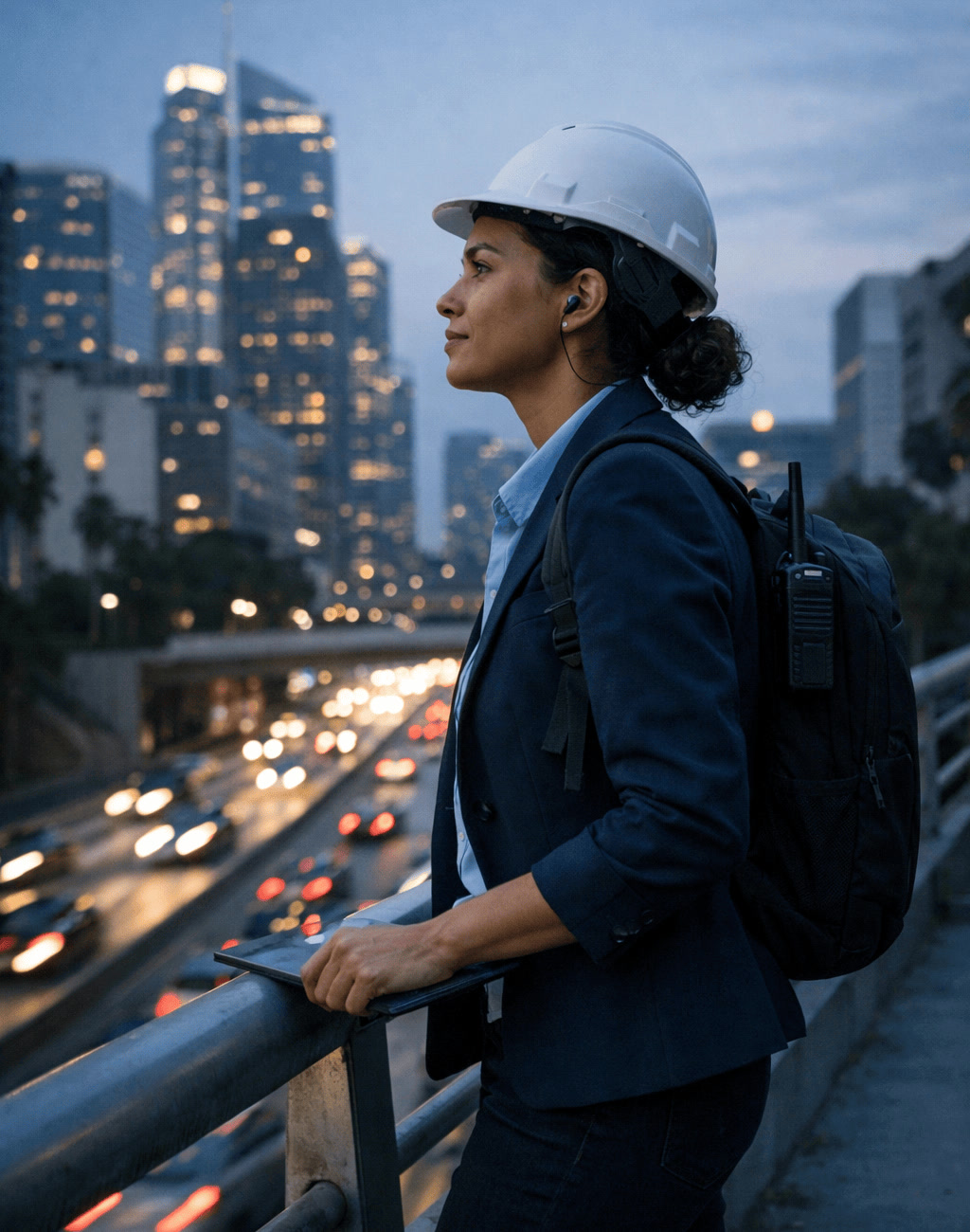 Telecommunications Professional on Bridge Over Busy City Network